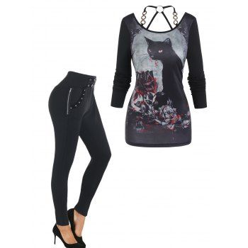 

Cat Blood Rose Print O Ring Cut Out T Shirt And Buckle Zipper Embellishment Leggings Gothic Outfit, Black