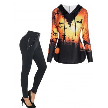 

Pumpkin Printed Half Zipper Faux Twinset Hoodie And Buckle Zipper Embellishment Leggings Halloween Outfit, Multicolor