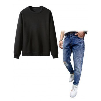 

Solid Color Flocking Inner Sweatshirt And Distressed Destroy Wash Scratch Jeans Casual Outfit, Black