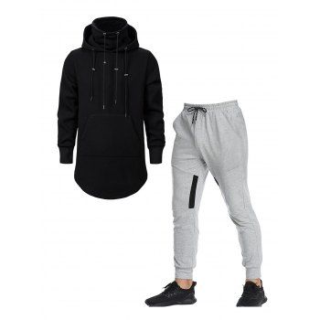 

Flocking Inner Pockets Curve Hem Hoodie And Patchwork Beam Feet Jogger Pants Casual Outfit, Black