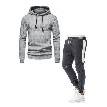 

Textured Kangaroo Pocket Drawstring Applique Hoodie And Patchwork Sweatpants Casual Outfit, Gray
