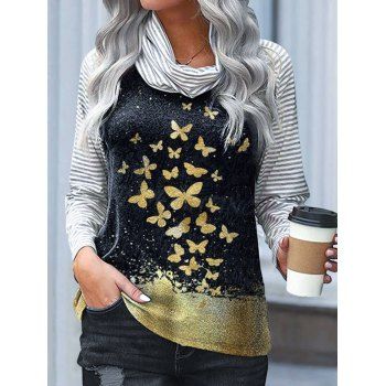 

Stripe Metallic Butterfly Print T-shirt Raglan Sleeve Turtleneck Casual Tee, Black