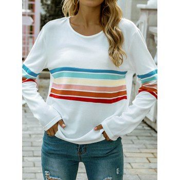 

Rainbow Pattern Knit Top Long Sleeve Round Neck Casual Knitted Top, White