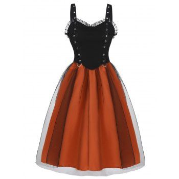 

Vintage Dress Contrast Colorblock Dress Lace Ruffle Mesh Grommet A Line Dress, Orange