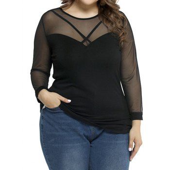 

Plus Size T Shirt See Thru Mesh Crisscross Long Sleeve Solid Color Tee, Black