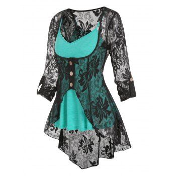 

Plus Size Top Heathered Flare Skirted Cami Top and Mock Button Slit Flower Lace Blouse Set, Light green