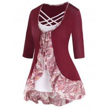 

Colorblock Faux Twinset T Shirt Asymmetric Flower Print Frill Lattice Half Sleeve Tee, Deep red