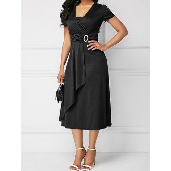 

Surplice Neckline A Line Work Dress Glitter O Ring Overlap High Waist Short Sleeve Dress, Black