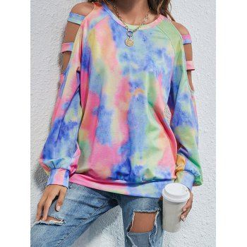 

Bright Colorful Tie Dye Print Sweatshirt Cold Shoulder Raglan Sleeve Round Neck Sweatshirt, Multicolor a