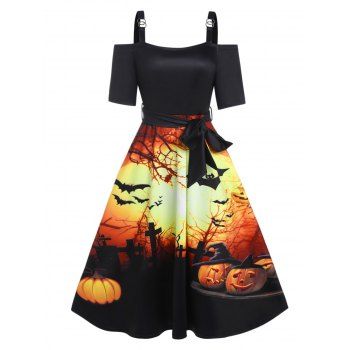 

Halloween Pumpkin Bat Night Print Midi Dress Cold Shoulder High Waist Belted A Line Dress, Orange