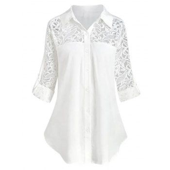

Sheer Flower Crochet Lace Insert Shirt Curved Hem Turndown Collar Long Sleeve Shirt, White