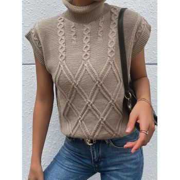 

Cable Knit Sweater Vest Solid Color High Neck Pullover Casual Sweater, Light coffee