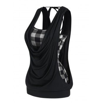 

Casual Top Vintage Plaid Print Cami Top and Solid Color Draped Tied Back Tank Top Summer Two Piece Top Set, White