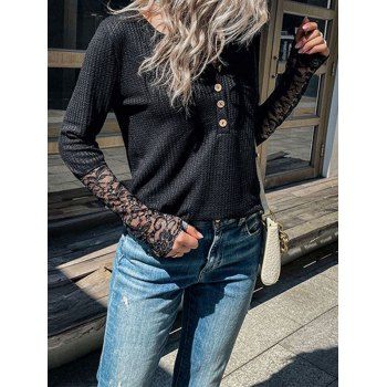 

Sheer Lace Panel Textured Knit Top Half Button Long Sleeve Knitted Top, Black