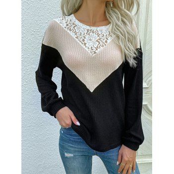 

Sheer Flower Lace Insert Colorblock Knit Top Textured Drop Shoulder Long Sleeve Knitted Top, Black