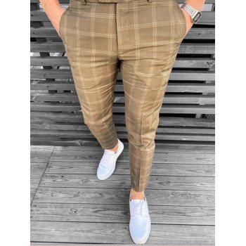 

Zipper Fly Pants Lined Plaid Print Pockets Long Casual Pants, Coffee