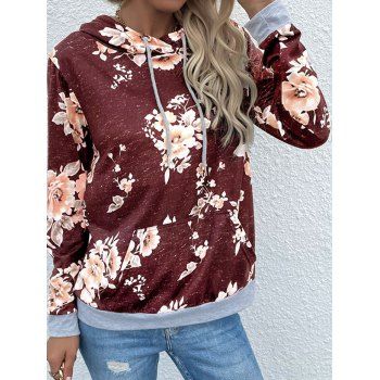 

Flower Allover Print Hoodie Colorblock Kangaroo Pocket Drawstring Hoodie, Deep red