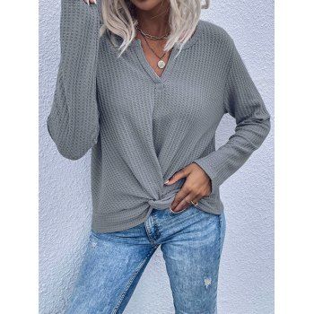 

Textured Knitwear V Notch Twisted Solid Color Pullover Long Sleeve Casual Knit Top, Gray