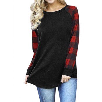 

Colorblock T Shirt Plaid Print Panel Long Sleeve Casual Tee, Black