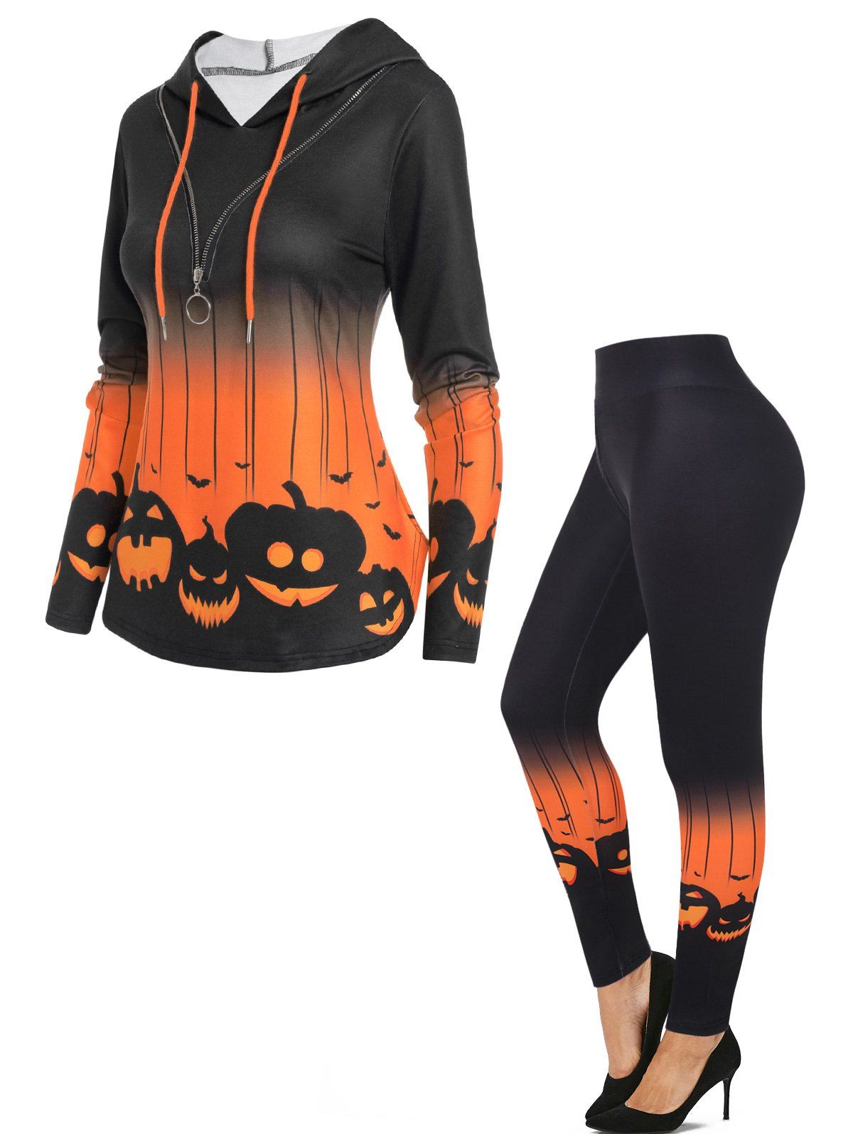 Pumpkin Printed Half Zipper Faux Twinset Hoodie And Ombre Leggings Halloween Outfit - BLACK S