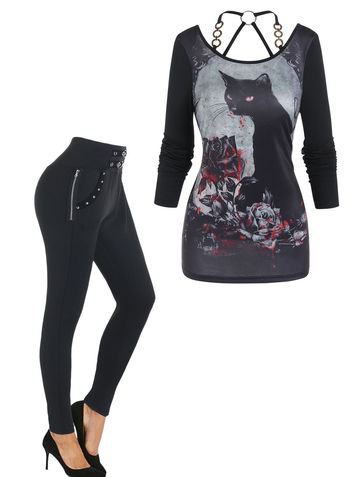 Cat Blood Rose Print O Ring Cut Out T Shirt And Buckle Zipper Embellishment Leggings Gothic Outfit - BLACK S