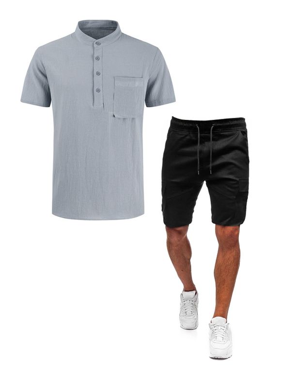 Short Cargo Décontracté en Blocs de Couleurs Jointif et Chemise à Demi-Manches à Cordon - multicolor A M