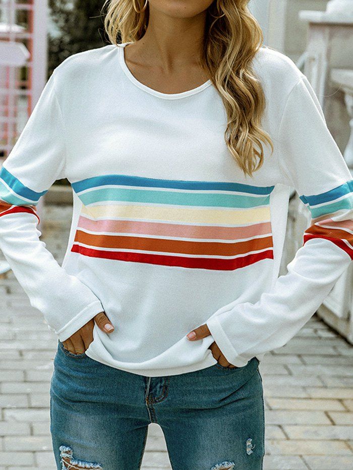 Rainbow Pattern Knit Top Long Sleeve Round Neck Casual Knitted Top - WHITE L