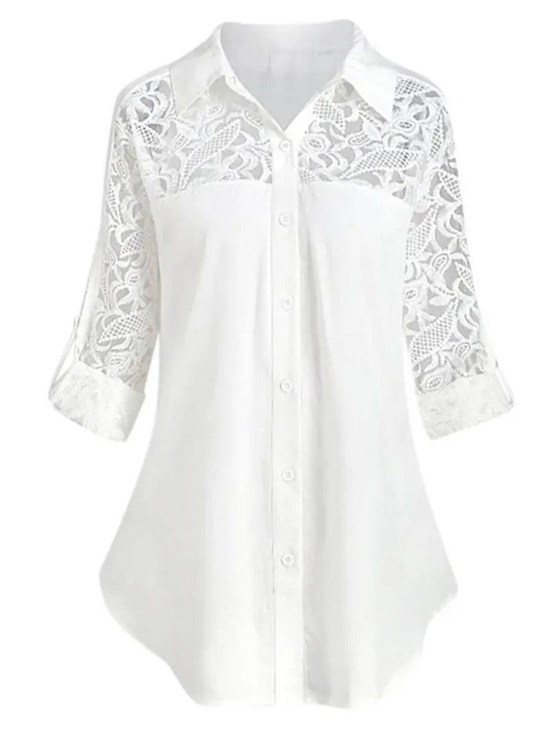 Sheer Flower Crochet Lace Insert Shirt Curved Hem Turndown Collar Long Sleeve Shirt - WHITE XXXXL