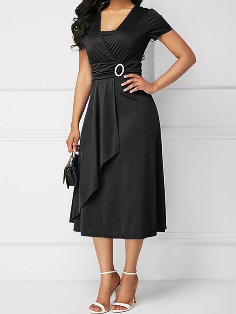 Surplice Neckline A Line Work Dress Glitter O Ring Overlap High Waist Short Sleeve Dress - BLACK XL