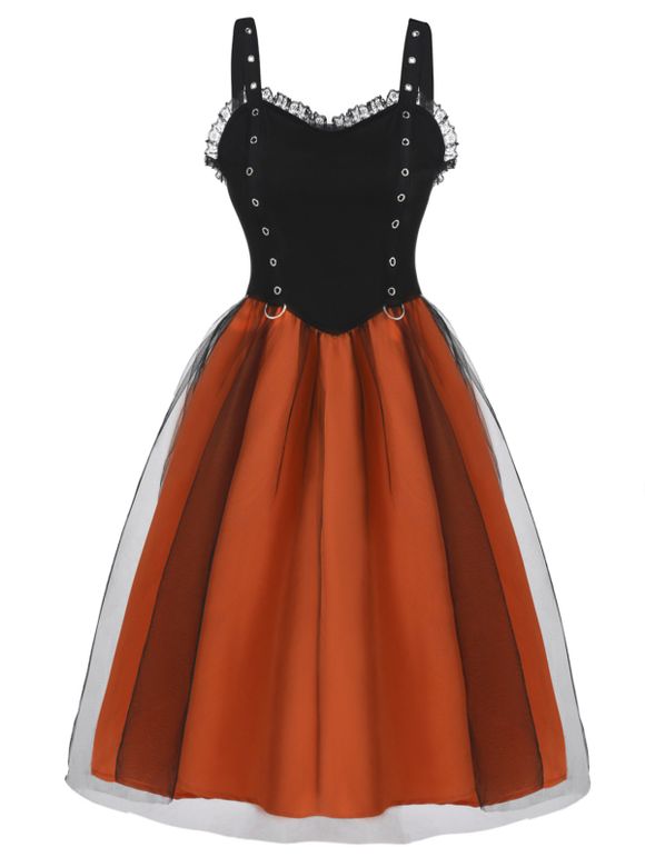 Vintage Dress Contrast Colorblock Dress Lace Ruffle Mesh Grommet A Line Dress - ORANGE XXL