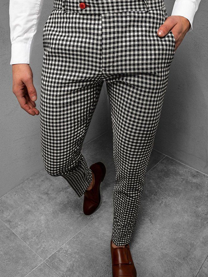 Pantalon Décontracté Long Zippé à Carreaux Imprimé avec Poches - Noir XL