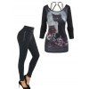 Cat Blood Rose Print O Ring Cut Out T Shirt And Buckle Zipper Embellishment Leggings Gothic Outfit - BLACK S