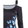 Butterfly Cat Print Cold Shoulder Rhinestone Ring T Shirt And Studded Slit Jeans Casual Outfit - multicolor S