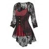 Plus Size Top Heathered Flare Skirted Cami Top and Mock Button Slit Flower Lace Blouse Set - BLACK 1X
