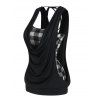 Casual Top Vintage Plaid Print Cami Top and Solid Color Draped Tied Back Tank Top Summer Two Piece Top Set - BLACK M