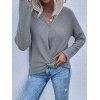 Textured Knitwear V Notch Twisted Solid Color Pullover Long Sleeve Casual Knit Top - GRAY L
