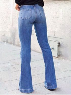 Flare Jeans Overlength Jeans Zipper Fly Patch Pockets High Waisted Casual Denim Pants 