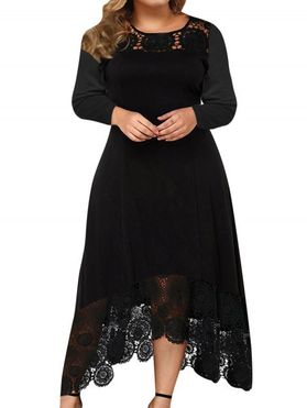 Plus Size Dress Solid Color Lace Panel High Waisted Dress High Low Midi Dress