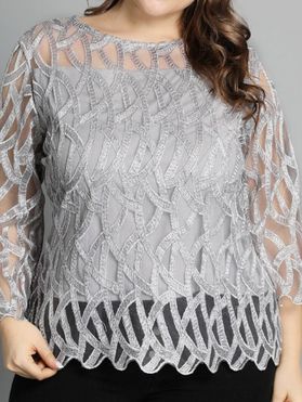 Plus Size Blouse Embroidery Pattern Sheer Scalloped Casual Blouse
