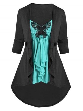 Colorblock Asymmetric Faux Twinset T Shirt Butterfly Lace Applique Frilled Long Sleeve Twofer Tee