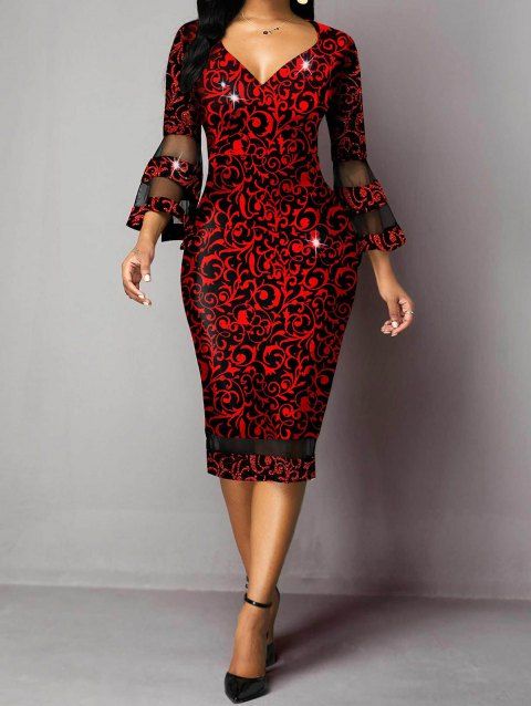 Printed Dress Sheer Lace Panel Flare Sleeve Plunging Neck Midi Bodycon Dress
