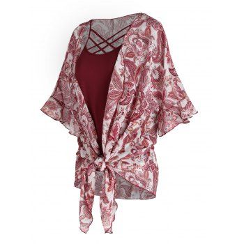 

Sparkly Tribal Flower Print Asymmetric Belted Top And Lattice Camisole Two Piece Set, Deep red