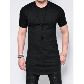 

Solid Color T Shirt Curved Hem Short Sleeve Round Neck Casual Long Tee, Black