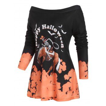 

Happy Halloween Skeleton Horse Bat Print Graphic T Shirt Off The Shoulder Raglan Sleeve Tee, Light orange