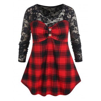 

Plus Size T Shirt Vintage T Shirt Flower Lace Panel Plaid Print Grommet Long Sleeve Tee, Red