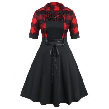Plus Size Dress Plaid Print Dress Lace Up Lattice Strap A Line Mini Dress