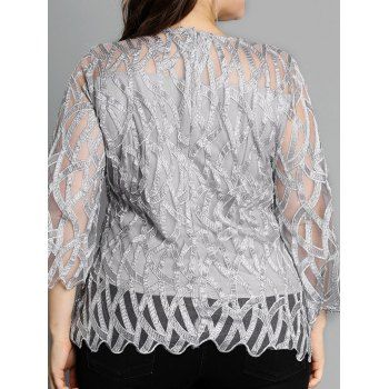 Plus Size Blouse Embroidery Pattern Sheer Scalloped Casual Blouse
