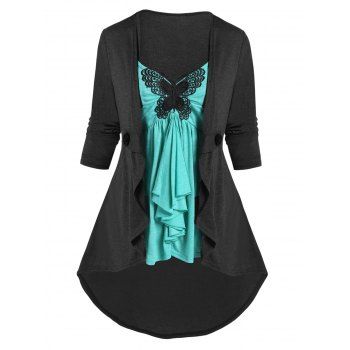 

Colorblock Asymmetric Faux Twinset T Shirt Butterfly Lace Applique Frilled Long Sleeve Twofer Tee, Dark gray