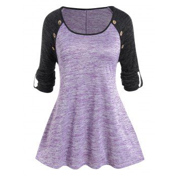 

Plus Size T Shirt Colorblock T Shirt Space Dye Mock Button Roll Up Sleeve Casual Tee, Purple