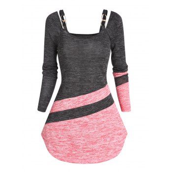 

Colorblock T Shirt Space Dye Print Long Sleeve T-shirt Curved Hem Metal Ring Strap Long Tee, Dark gray